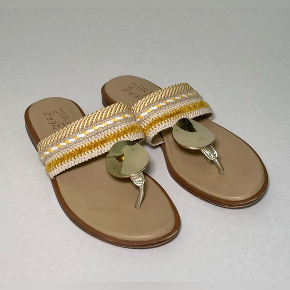 Naturalizer EUC Size 6.5 Frankie Thong Sandal Flip Flop Metal Medallion Woven - Picture 1 of 9